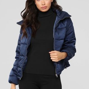 Fashion Nova Navy Blue Puffer Jacket with Adjustable String